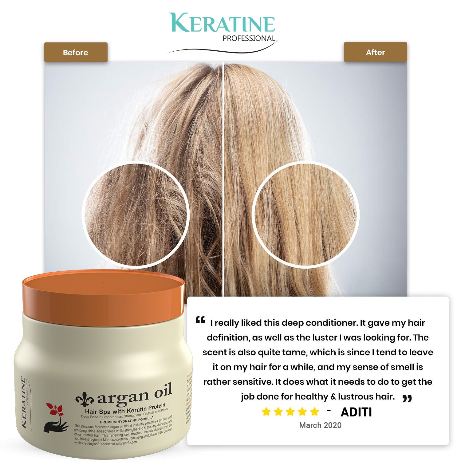Keratine Professional – Argan Oil Hair Spa with Sulphate-Free Repair – 500ml & Deep Nourishment & Repair & Ideal for Dry and Frizzy Hair