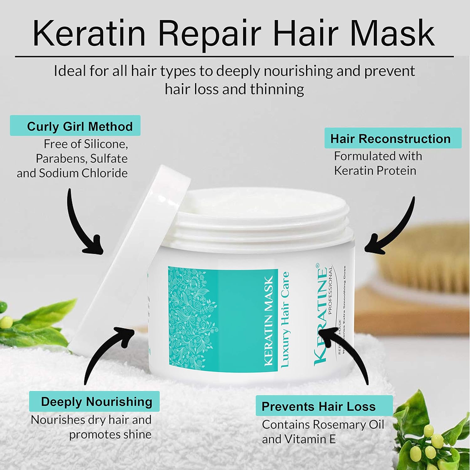 Keratine Professional Shampoo, Hair Mask 500ml Each & Florish Serum (50ml) - Nourishing Formula