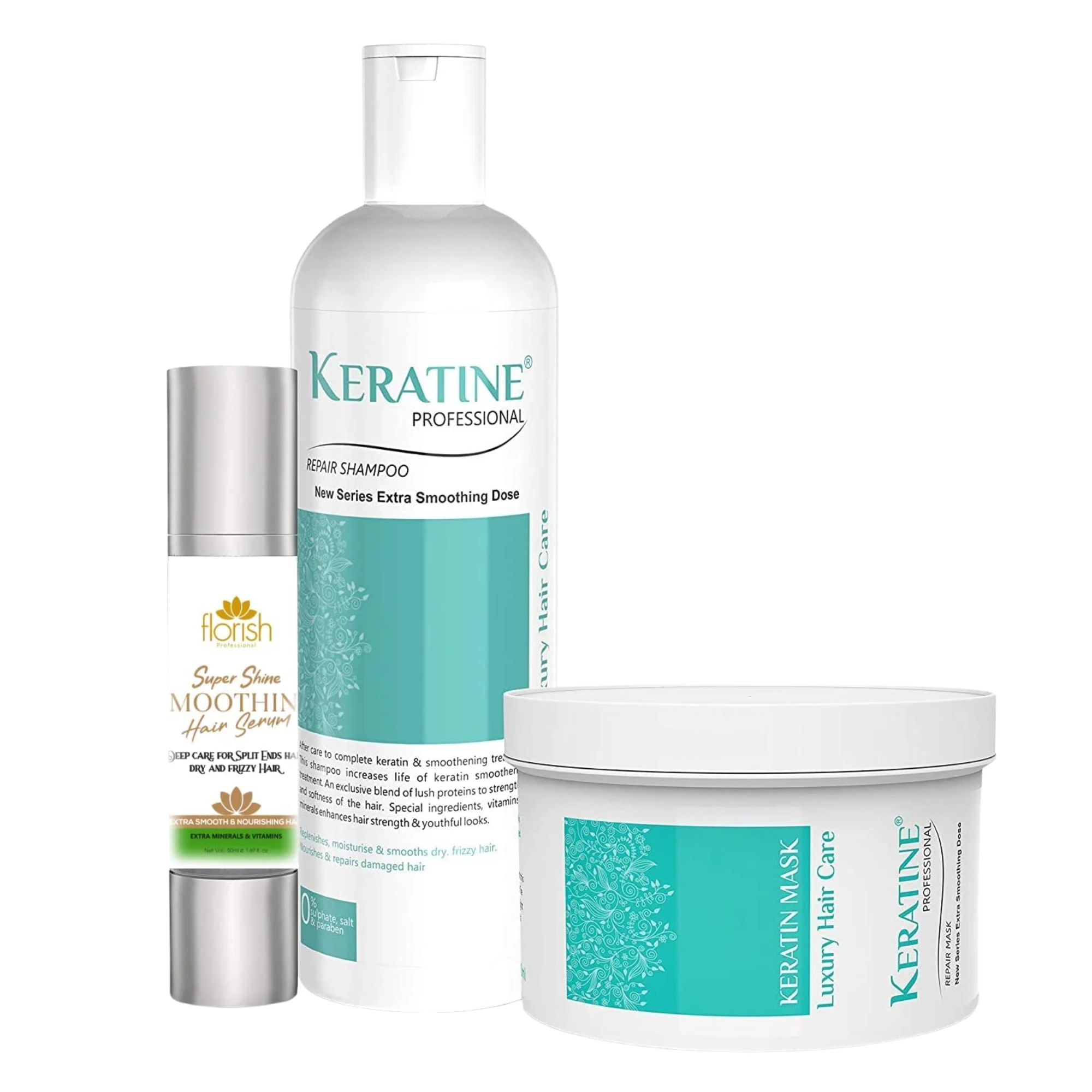 Keratine Professional Shampoo, Hair Mask 500ml Each & Florish Serum (50ml) - Nourishing Formula