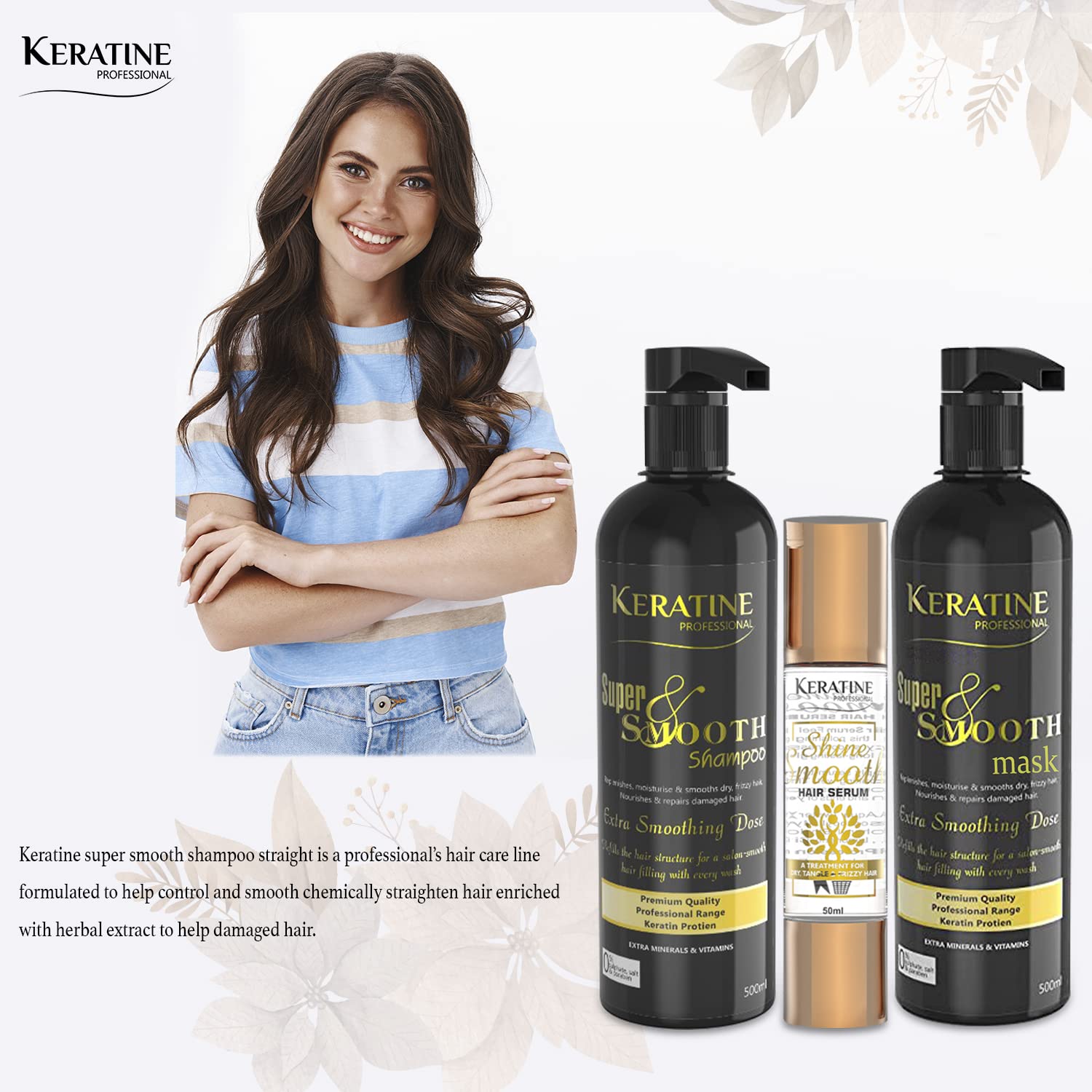 Keratine Super Smooth Repair Hair Shampoo & Mask (500ml)  + Shiner Boost Hair Serum (50ml) - Nourishing Formula