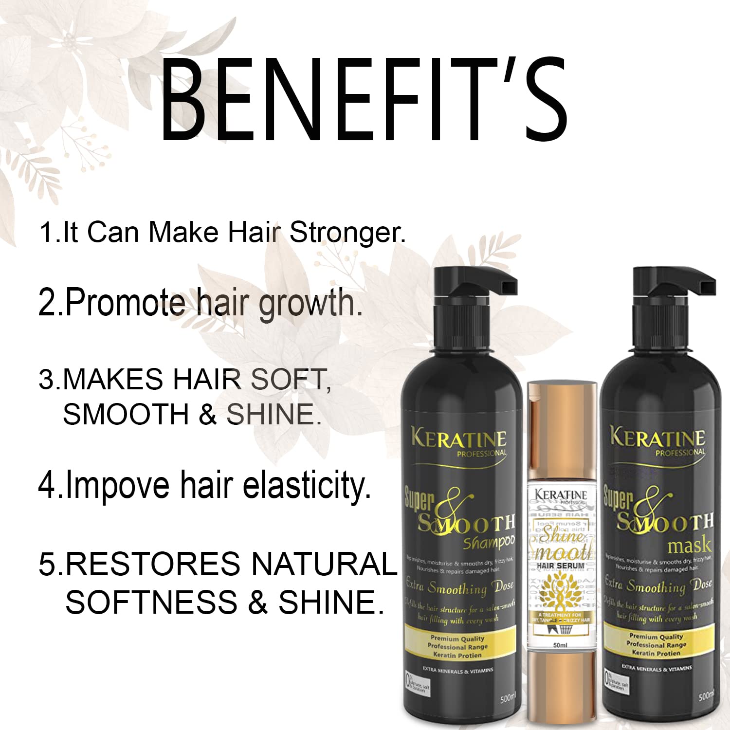 Keratine Super Smooth Repair Hair Shampoo & Mask (500ml)  + Shiner Boost Hair Serum (50ml) - Nourishing Formula
