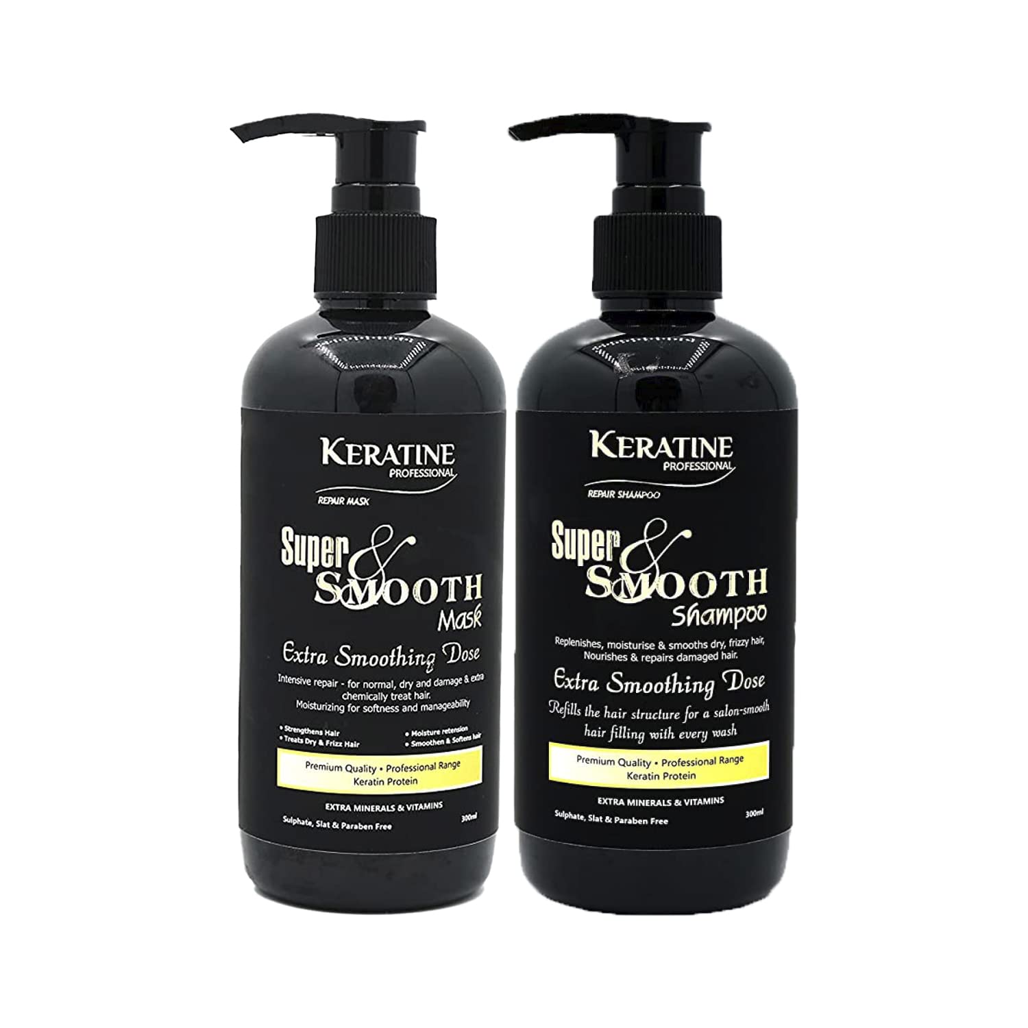 Keratine Super Smooth Repair Hair Shampoo & Mask (300ml Each) - Nourishing Formula