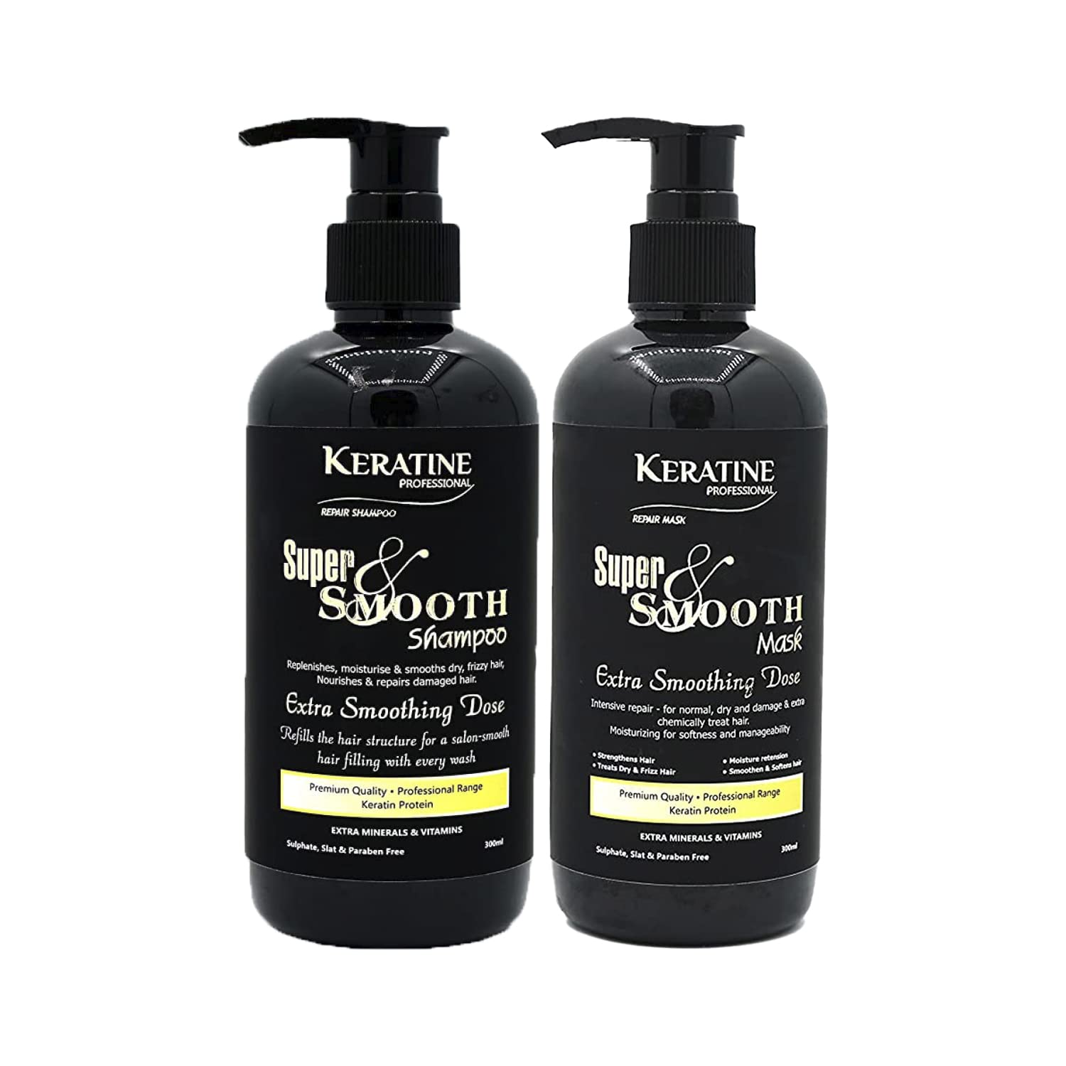 Keratine Super Smooth Repair Hair Shampoo & Mask (300ml Each) - Nourishing Formula