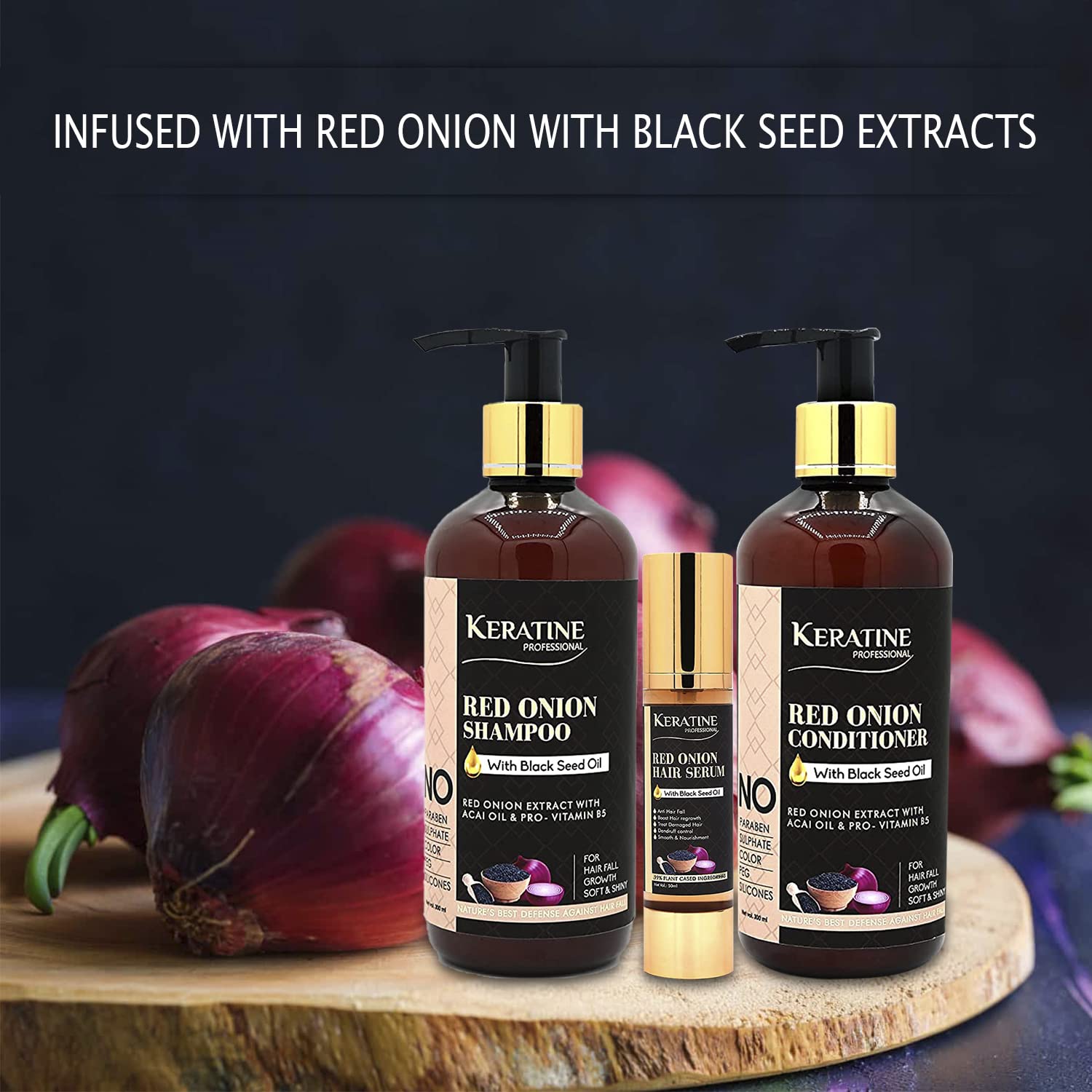 Keratine Sulphate Free Red Onion Oil Hair Shampoo, Conditioner 300ml And Serum (300ml) - Nourishing Formula — Combo (view 3)