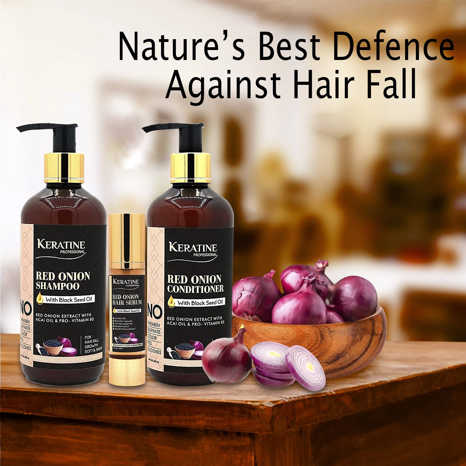 Keratine Sulphate Free Red Onion Oil Hair Shampoo, Conditioner 300ml And Serum (300ml) - Nourishing Formula — Combo (view 4)