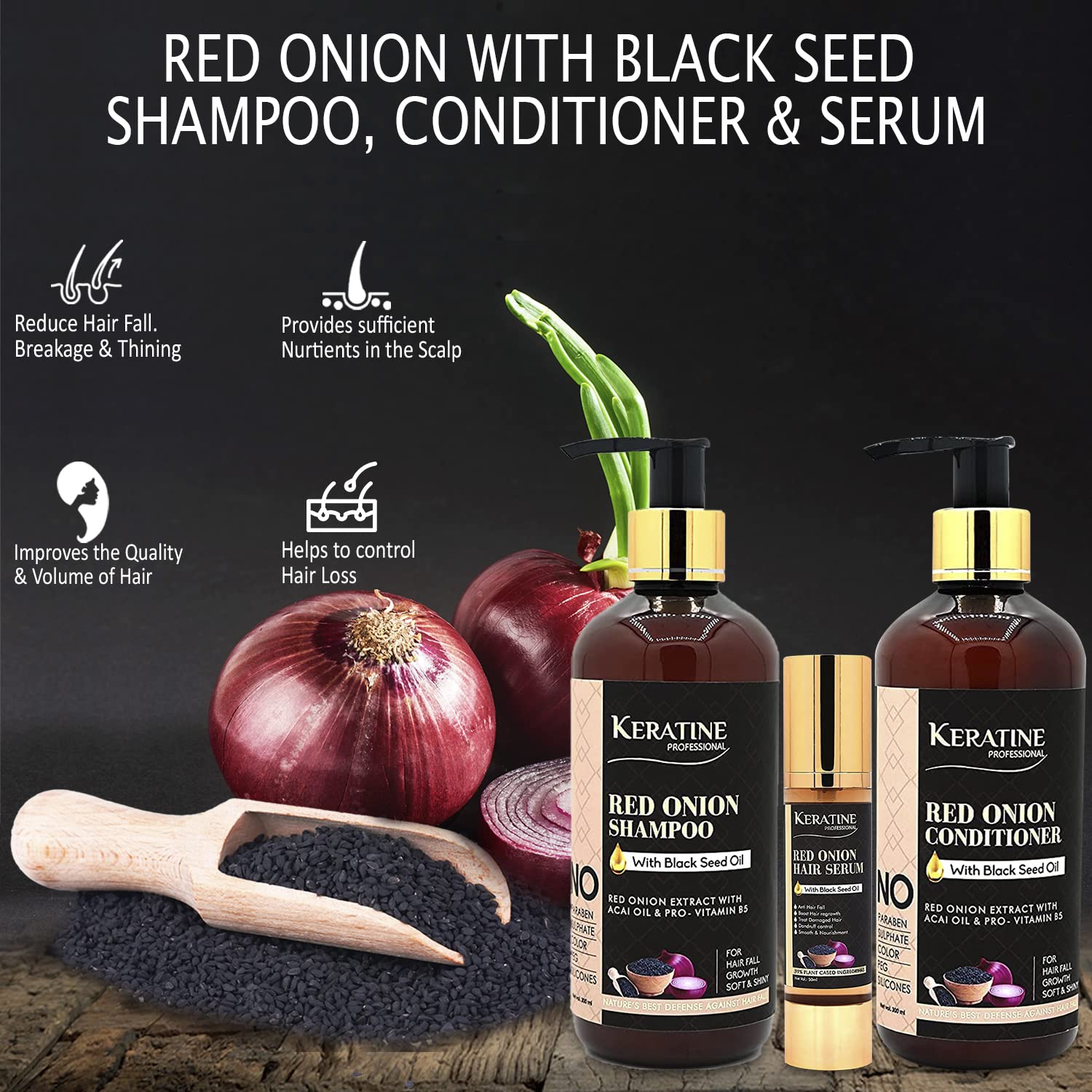 Keratine Sulphate Free Red Onion Oil Hair Shampoo, Conditioner 300ml And Serum (300ml) - Nourishing Formula — Combo (view 5)