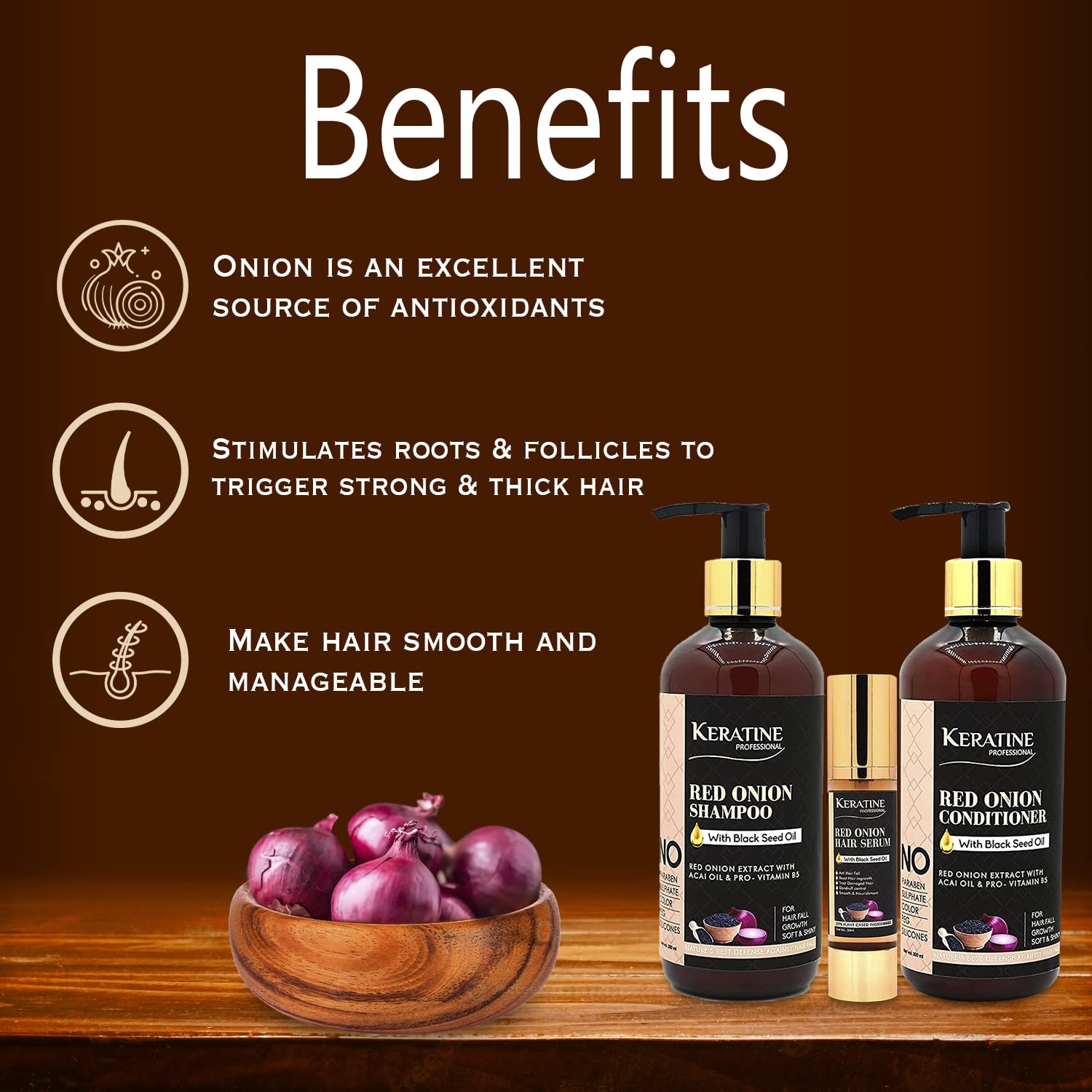 Keratine Sulphate Free Red Onion Oil Hair Shampoo, Conditioner 300ml And Serum (300ml) - Nourishing Formula — Combo (view 6)
