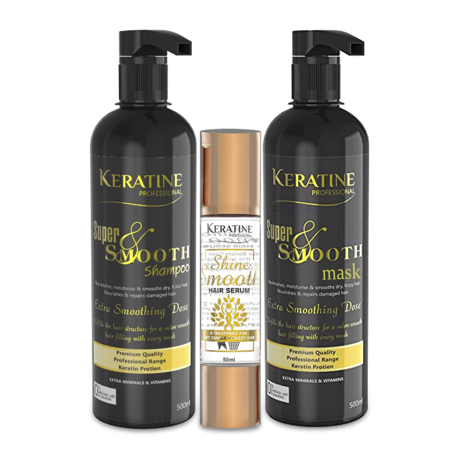 Keratine Super Smooth Repair Hair Shampoo & Mask (500ml)  + Shiner Boost Hair Serum (50ml) - Nourishing Formula